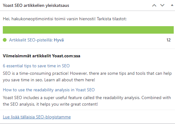 Optimization. Yoast SEO now gives perfect scores for total of 12 posts.