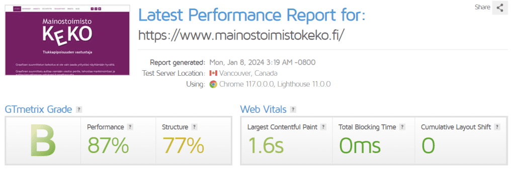 Optimization. Recorded GTmetrix performance report for:
https://www.mainostoimistokeko.fi/