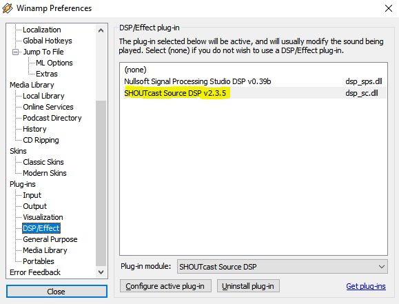 Self-hosted free stream URL. Winamp Preferences showing SHOUTcast Source DSP v2.3.5 selected (under DSP/Effect)